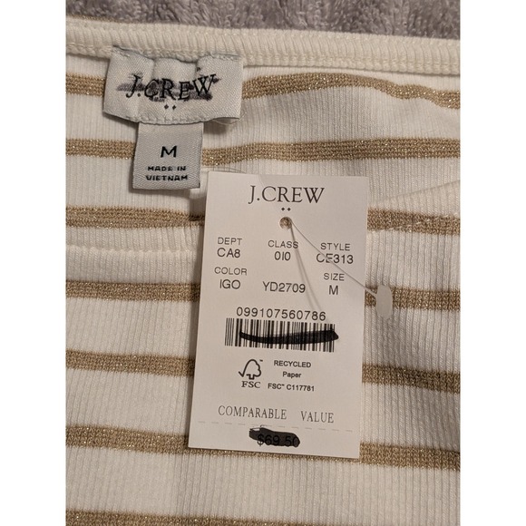 J Crew Striped Boat Neck Long Sleeve Top Shirt White Gold Metallic Sz M NWT $80 - Picture 6 of 10